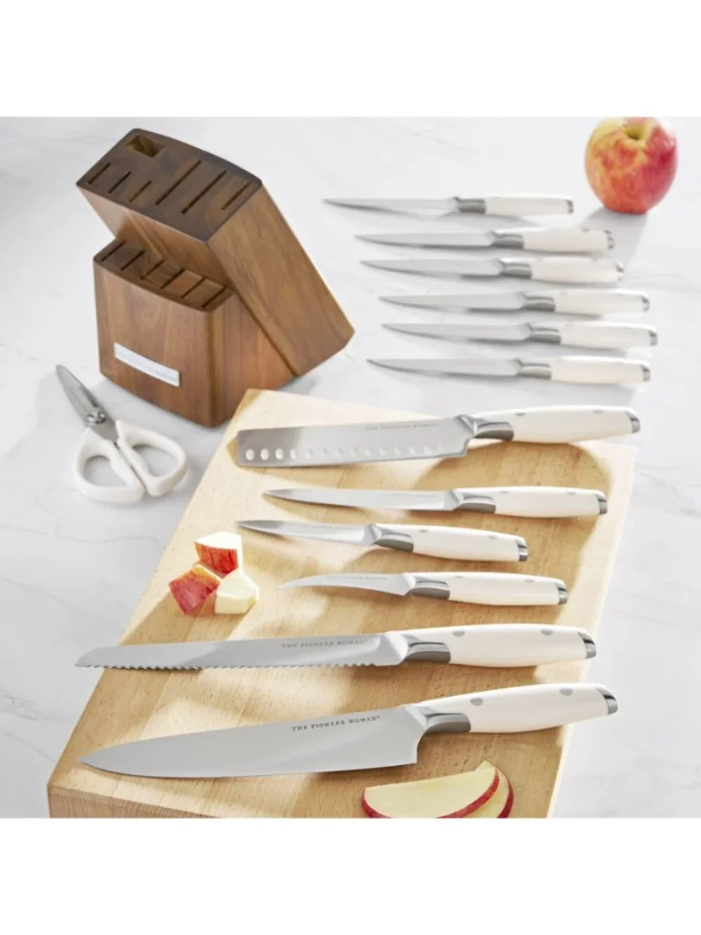 The Woman Pioneer Linen 14-Piece Acacia Wood Stainless Steel Knife Block Set